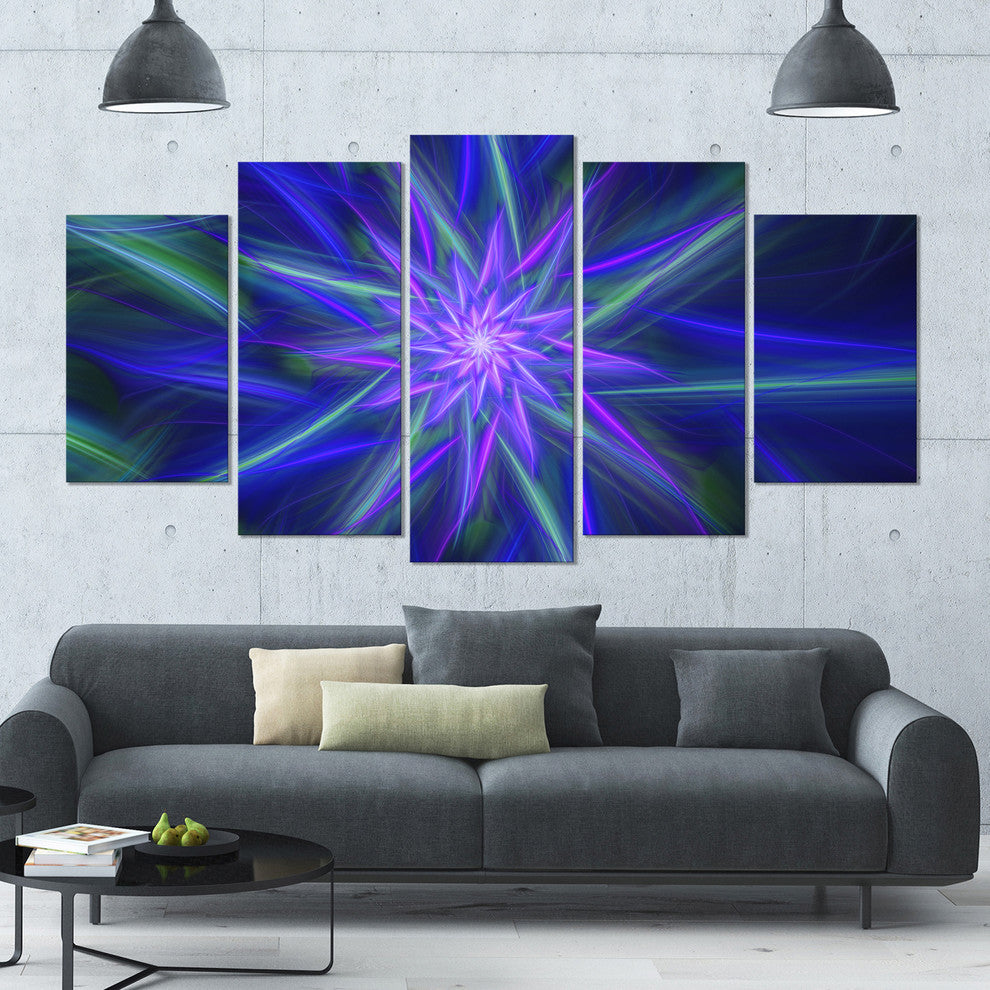 Shining Blue Exotic Fractal Flower, Floral Canvas Art Print, 60"x32", 5 Panels