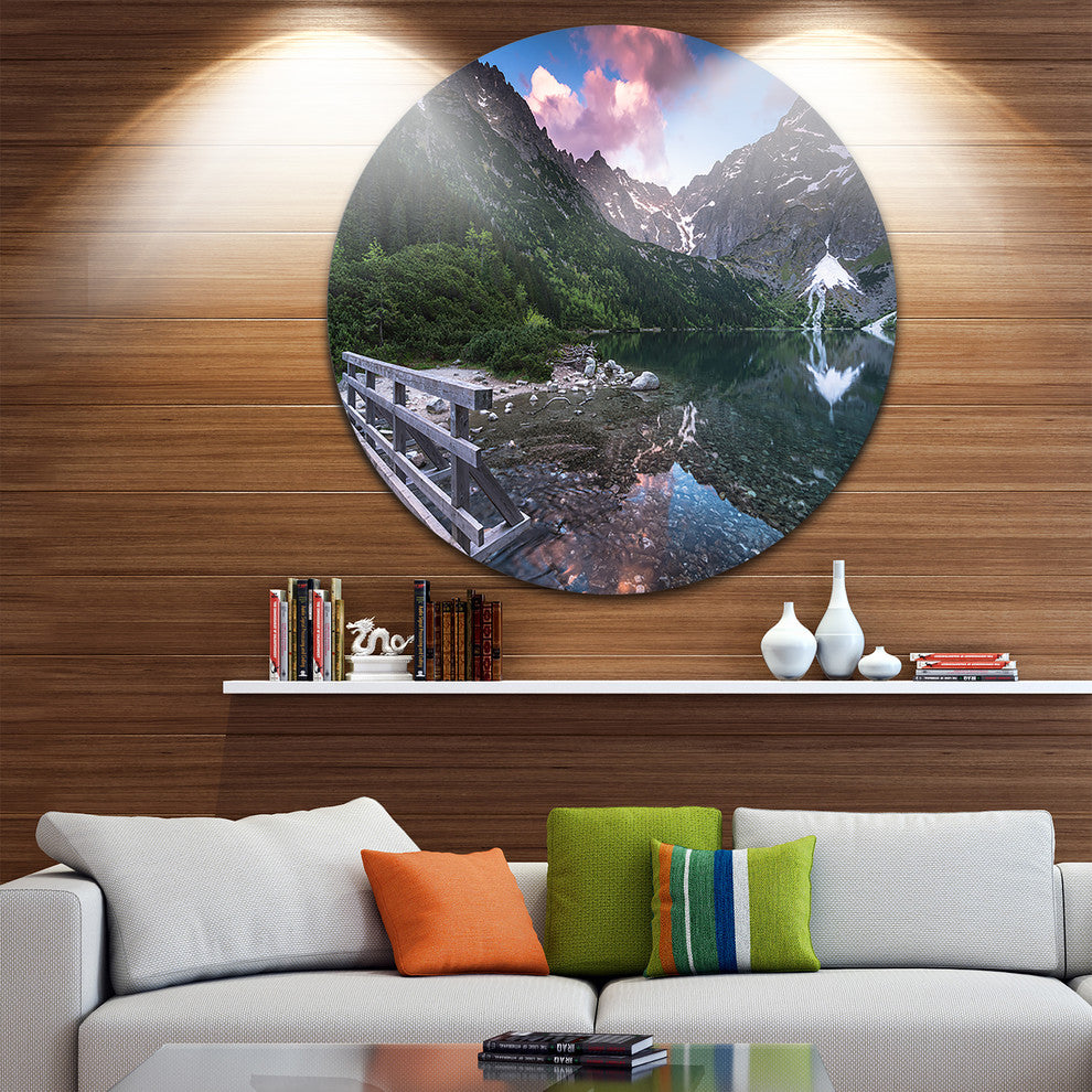 Wooden Foot Bridge Over Lake, Landscape Disc Metal Artwork, 23"