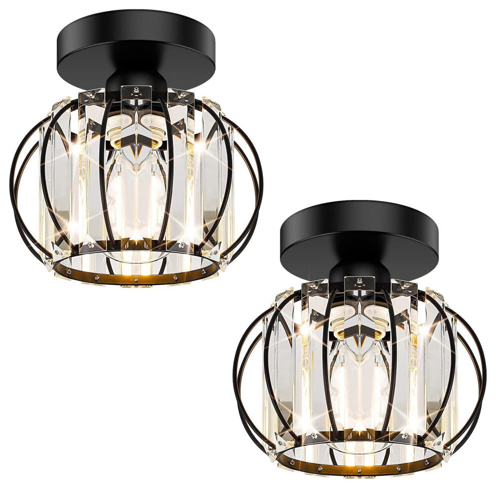 Semi Flush Mount Lamp, Farmhouse, Crystal Black Cage, 2 Pack