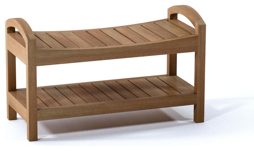 Outdoor Teak Patio Madrid Shower Spa Bench With Bottom Shelf, 30"