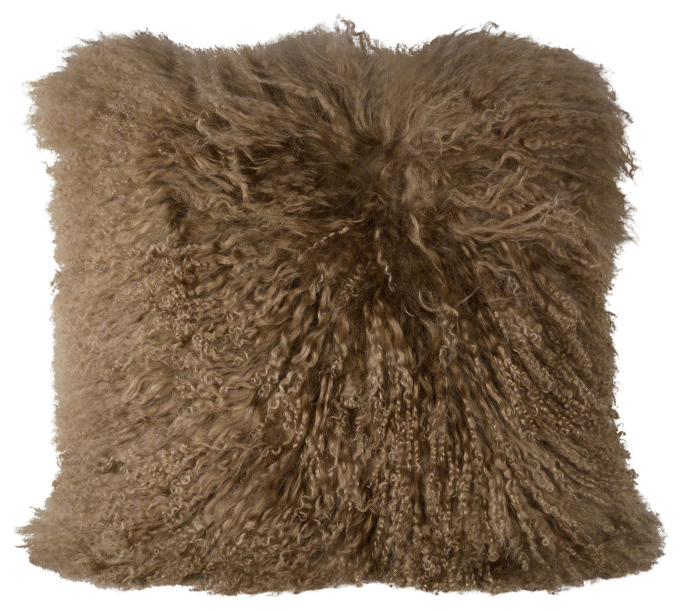 Khiera Natural Lamb Mohair Fur and Suede 16" Square Throw Pillow
