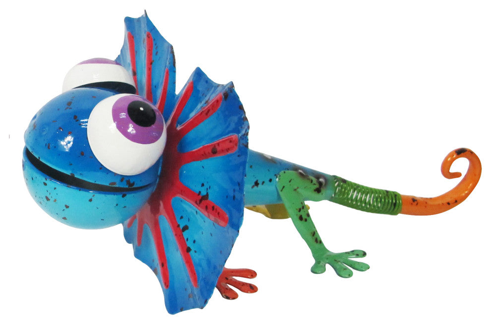 Colorful Metal Frill Necked Blue Lizard Garden Statue Outdoor Patio Decor