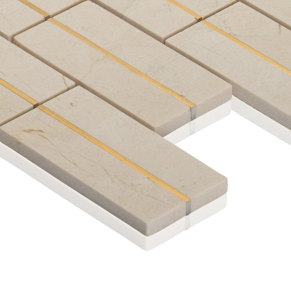 Modket Crema Marfil Natural Stone Gold Metal Inlay Mosaic Tile Backsplash TDH579