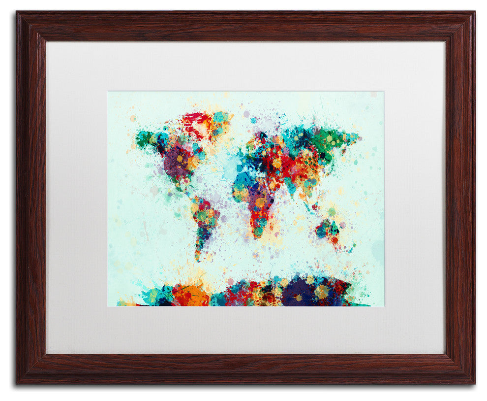 Michael Tompsett 'World Map Paint Splash' Matted Framed Art, White Mat, 20"x16"