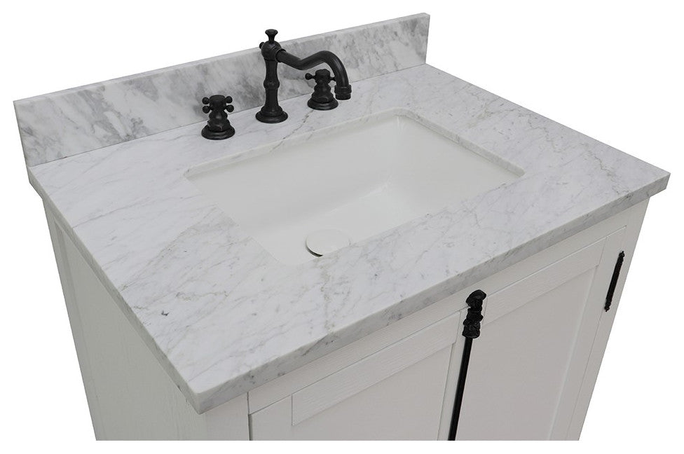 30" Single Vanity, Glacier Ash, White Carrara Top, Rectangle Sink