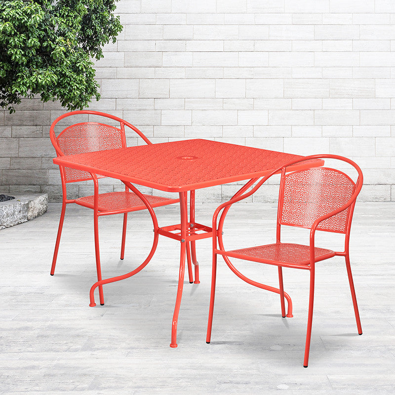 35.5'' Square Indoor-Outdoor Steel Patio Table and 2 Round Back Chairs, Coral