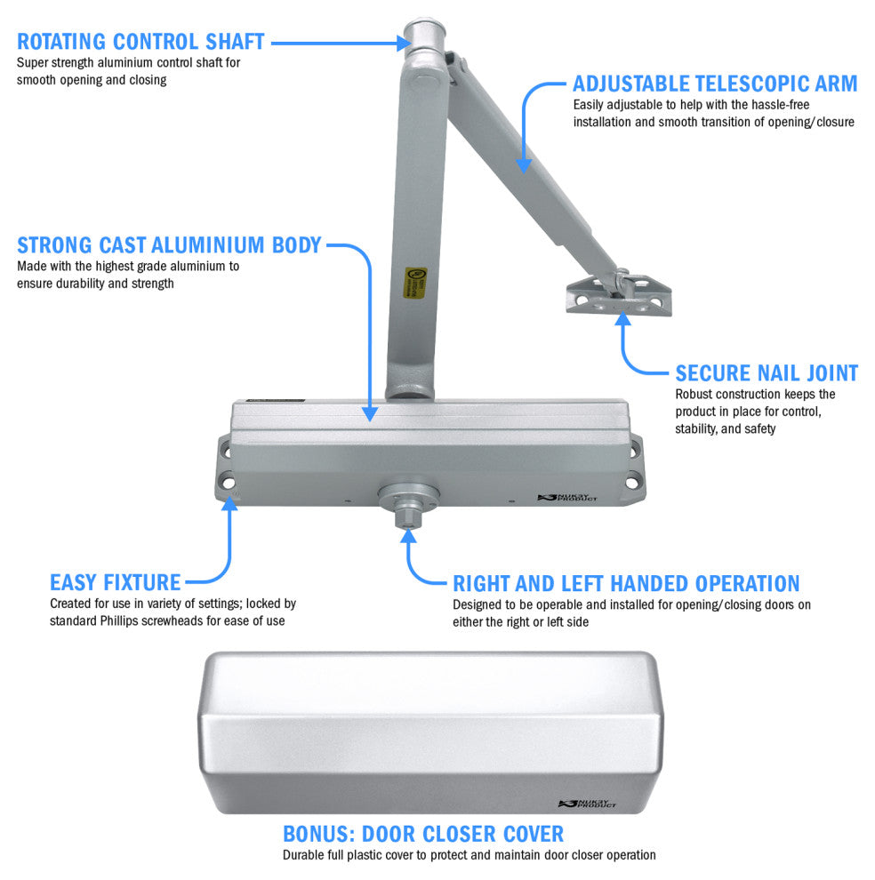 Nuk3y 9000 Series Grade 1 Heavy Duty Door Closer Size 1-6, ADA, UL Listed, Matte Black
