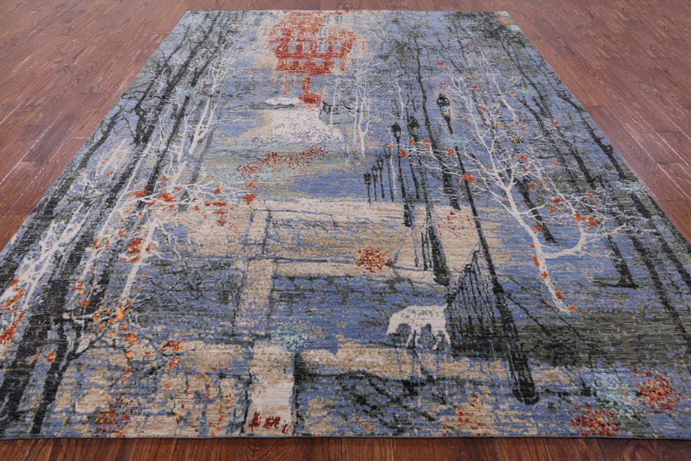 8' 0" X 9' 11" Modern Urban Design Wool and Silk Hand Knotted Rug Q7181
