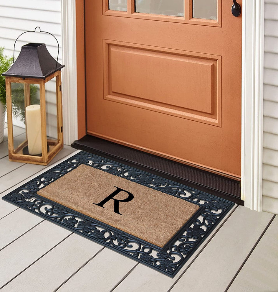 A1HC Floral Border Black 18x30 Rubber and Coir Heavy Duty Monogrammed Doormat, R
