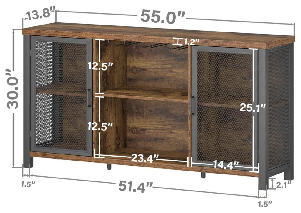 Rustic Bar Cabinet With Bottle Storage and Double Mesh Door Design, Rustic Brown