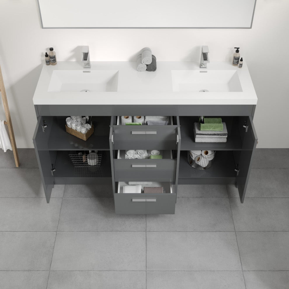 Eviva Lugano 60" Gray Modern Double Sink Bathroom Vanity With White Top
