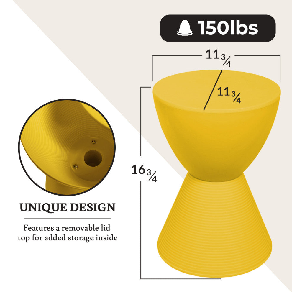 Round Side Table in ABS Plastic Ribbed Design End Table with Removable Lid, Yellow