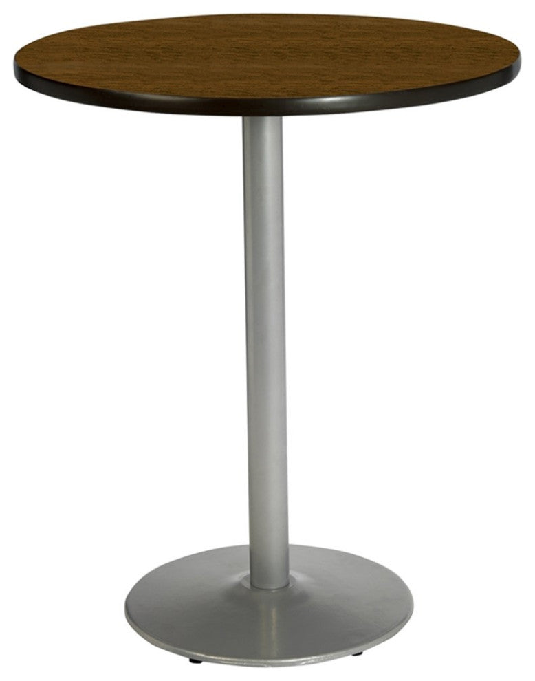 KFI 36" Round Bar Height Breakroom Table - Walnut Finish - Round Silver Base