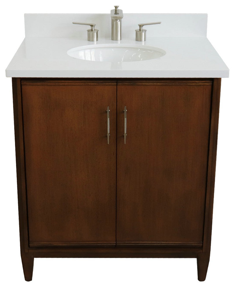 31" Single Sink Vanity, Walnut Finish, White Engineered Stone Top With Oval Sink