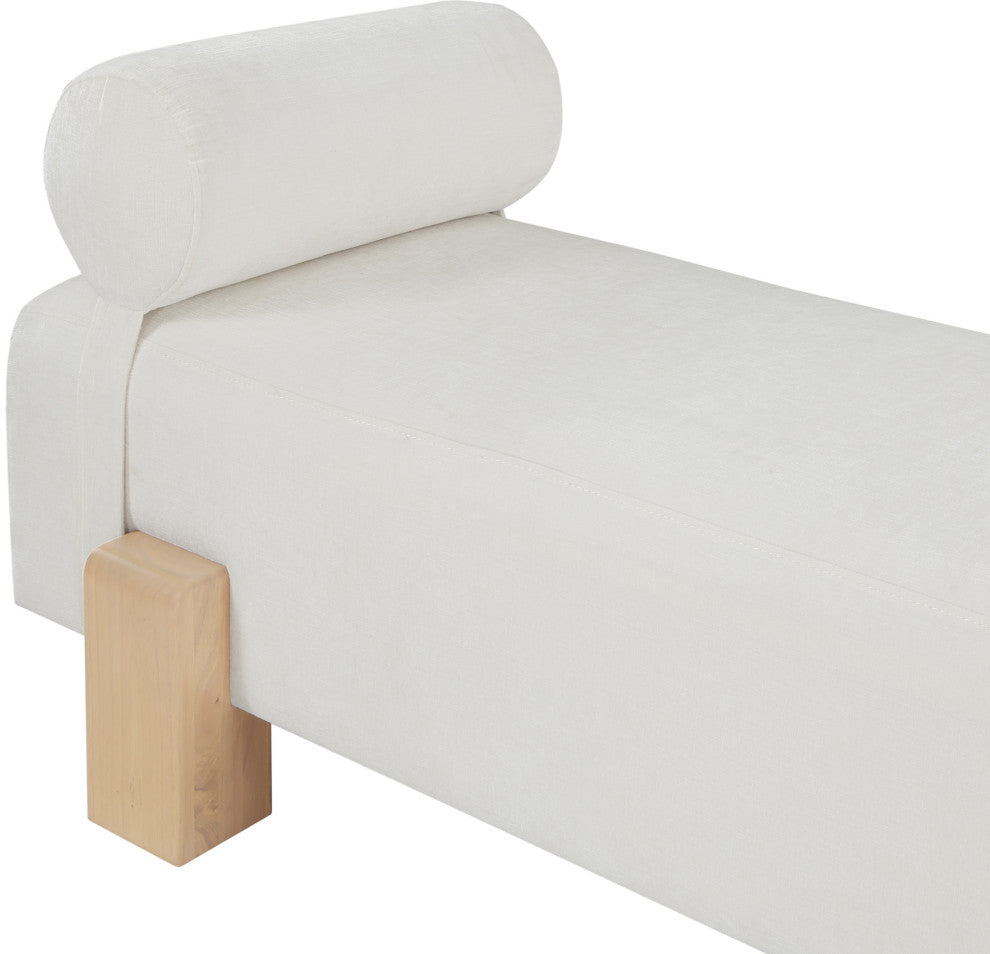 Edison Chenille Fabric Upholstered Bench, Cream, Natural Finish