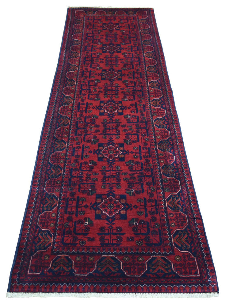 Red Afghan Khamyab Wool Tribal Design Hand Knotted Runner Rug, 2'9"x9'7"