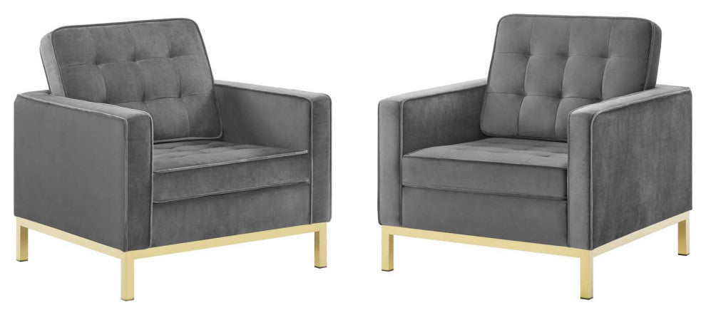 Armchair Accent Chair, Set of 2, Velvet, Gold Gray, Modern, Lounge