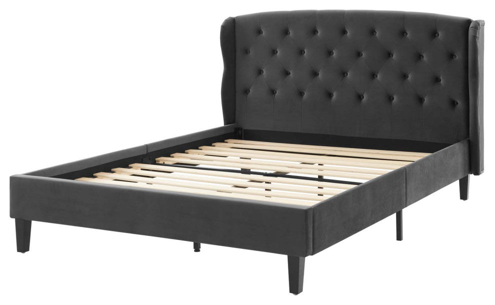 Platform Bed Frame, Queen Size, Velvet, Dark Gray, Modern Contemporary