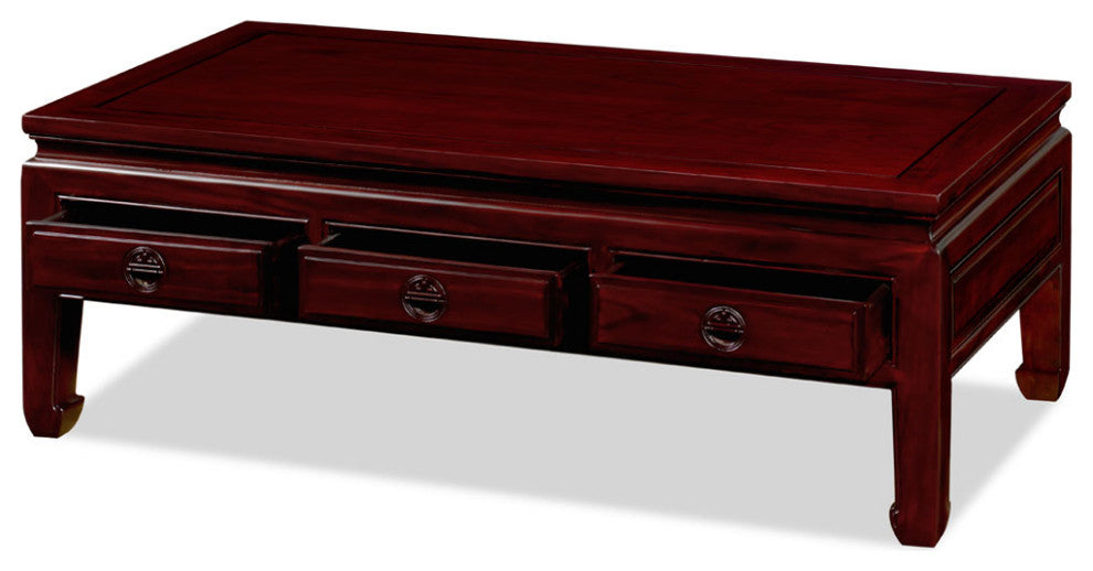Dark Cherry Elmwood Rectangular Chinese Ming Coffee Table Three Drawers