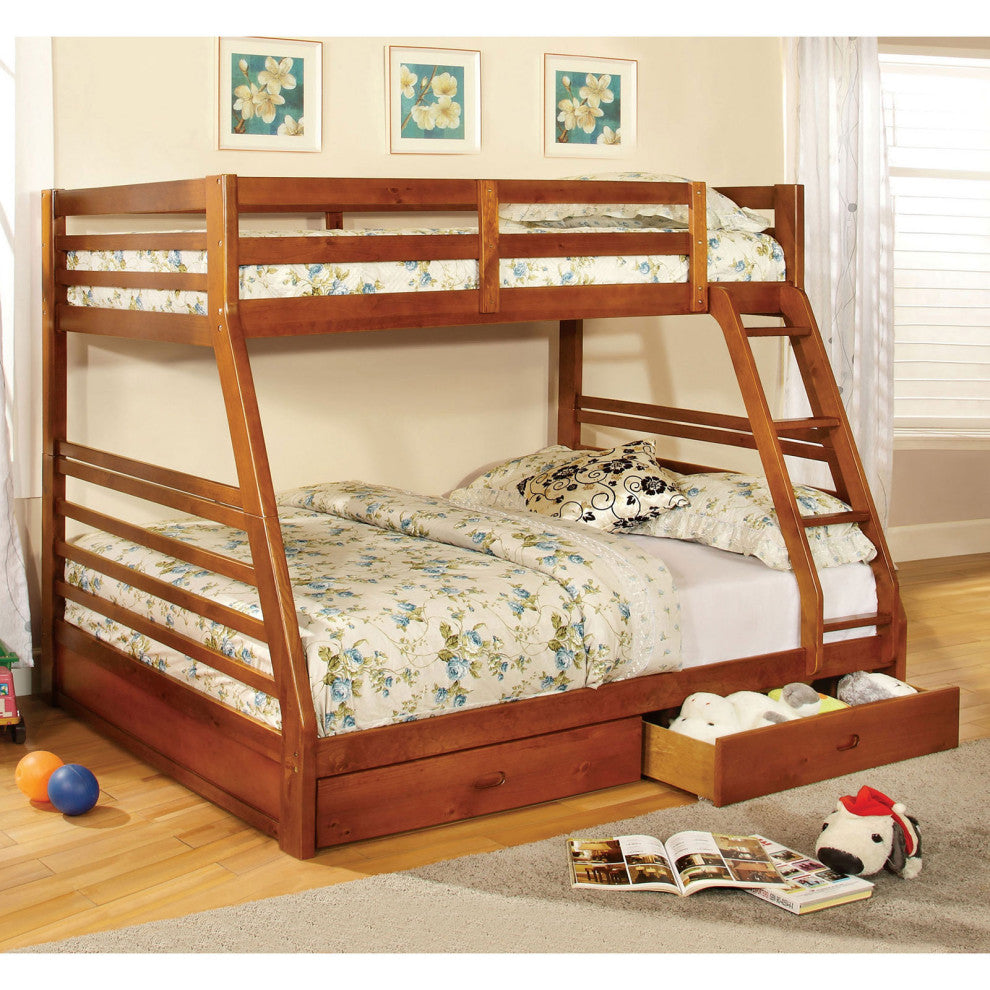 Wooden Twin Over Full Bunk Bed with 2 Drawers, Oak