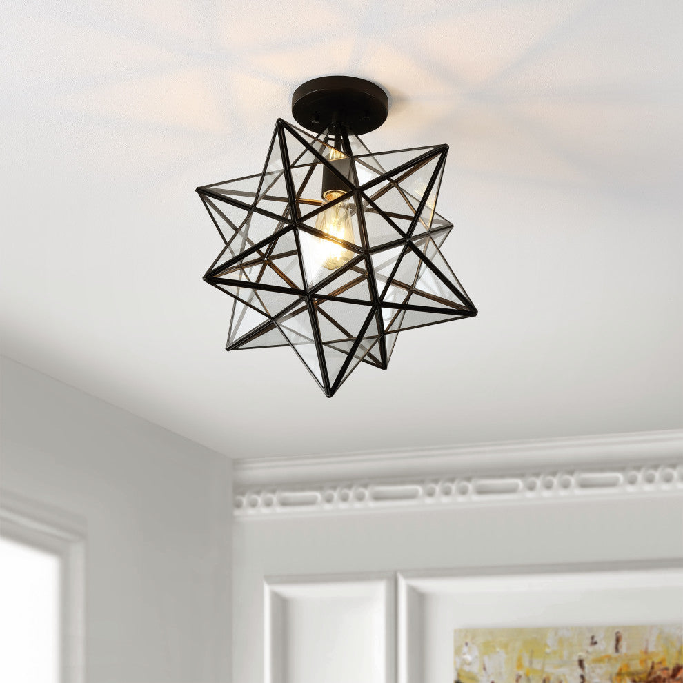 Ava 14.5" 1-Light Farmhouse Bohemian Iron/Glass LED Semi Flush Mount,Black/Clear