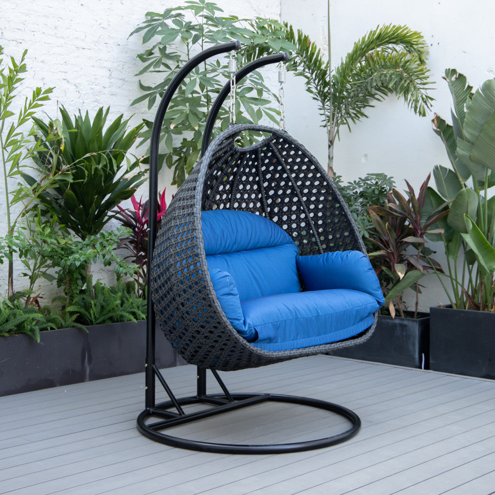 LeisureMod Mendoza Charcoal Wicker Hanging Double Egg Swing Chair, Blue