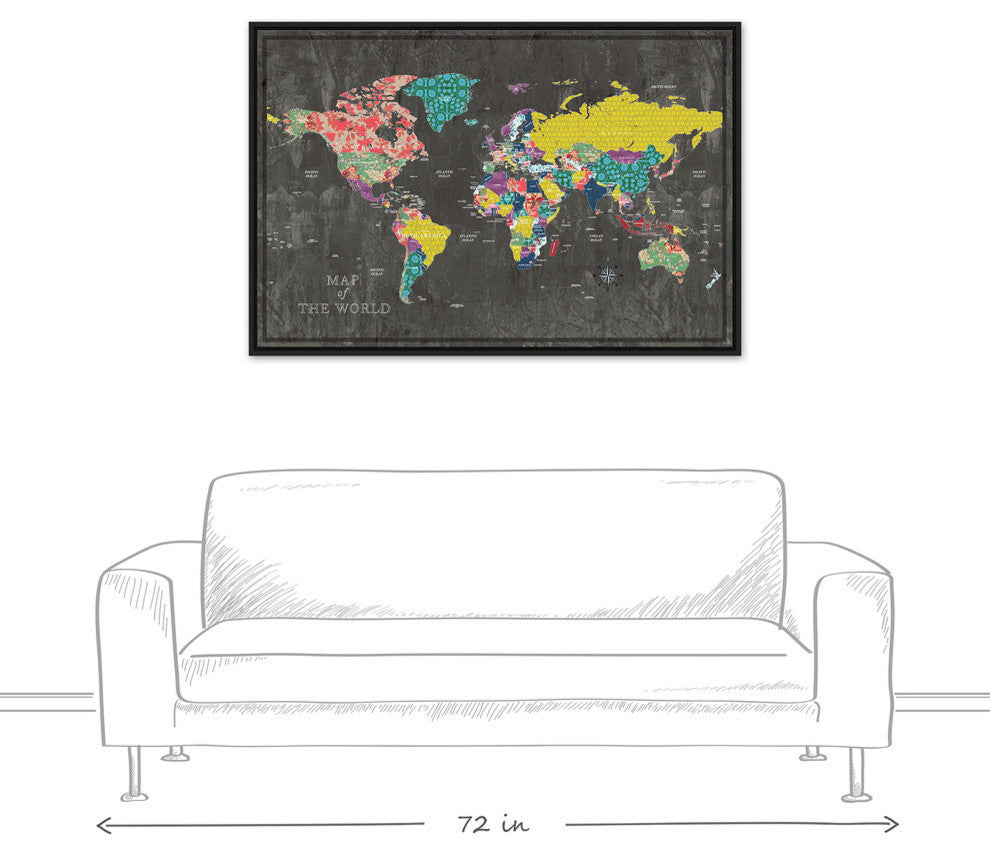 Colorful World Map Canvas Wall Art, 32"x48", Framed