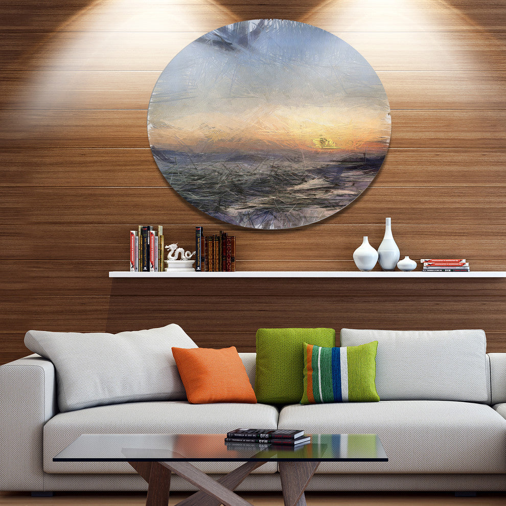 Colorful Dawn Over Sea Watercolor, Landscape Disc Metal Artwork, 11"
