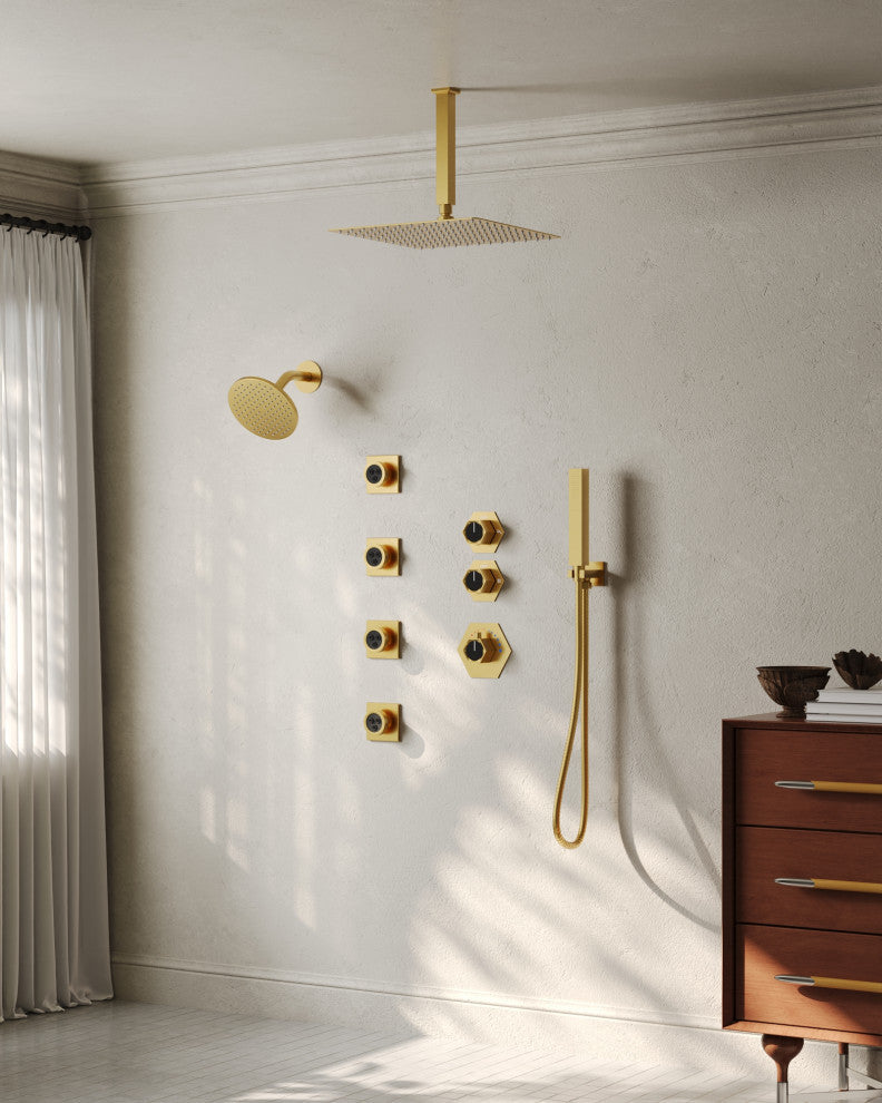 Themostatic Shower System 12" High-Pressure Dual Heads, Brushed Gold