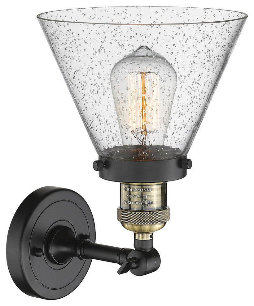 1-Light Large Cone 8" Sconce, Black Antique Brass, Glass: Seedy