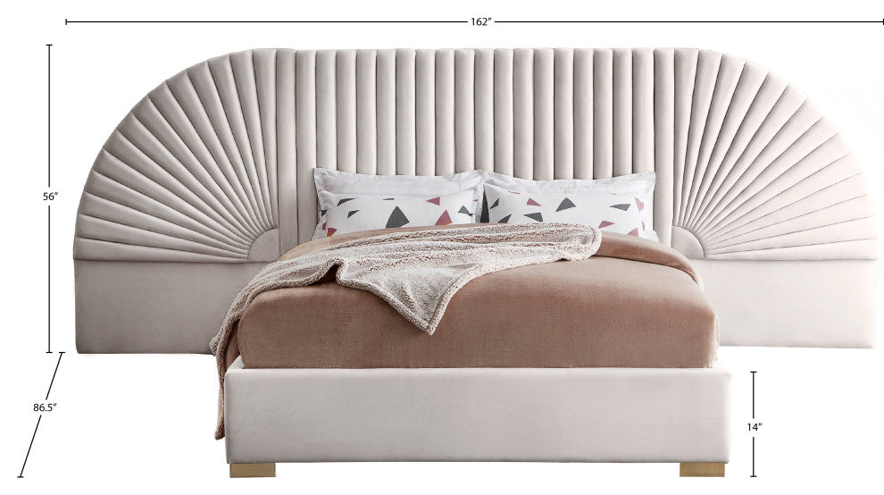 Cleo Velvet Upholstered Bed With Custom Gold Steel Legs, Cream, King