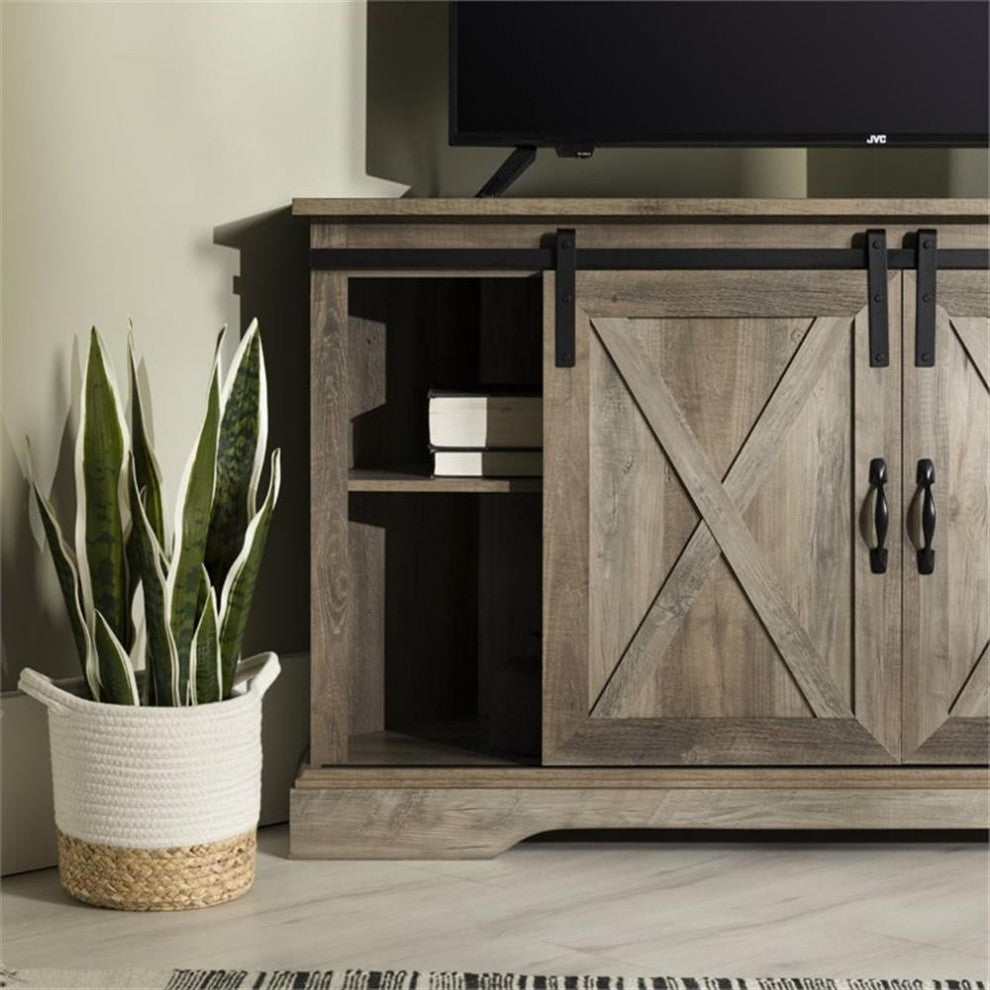 Pemberly Row Farmhouse Wood Corner TV Stand for TVs up to 52" in Gray