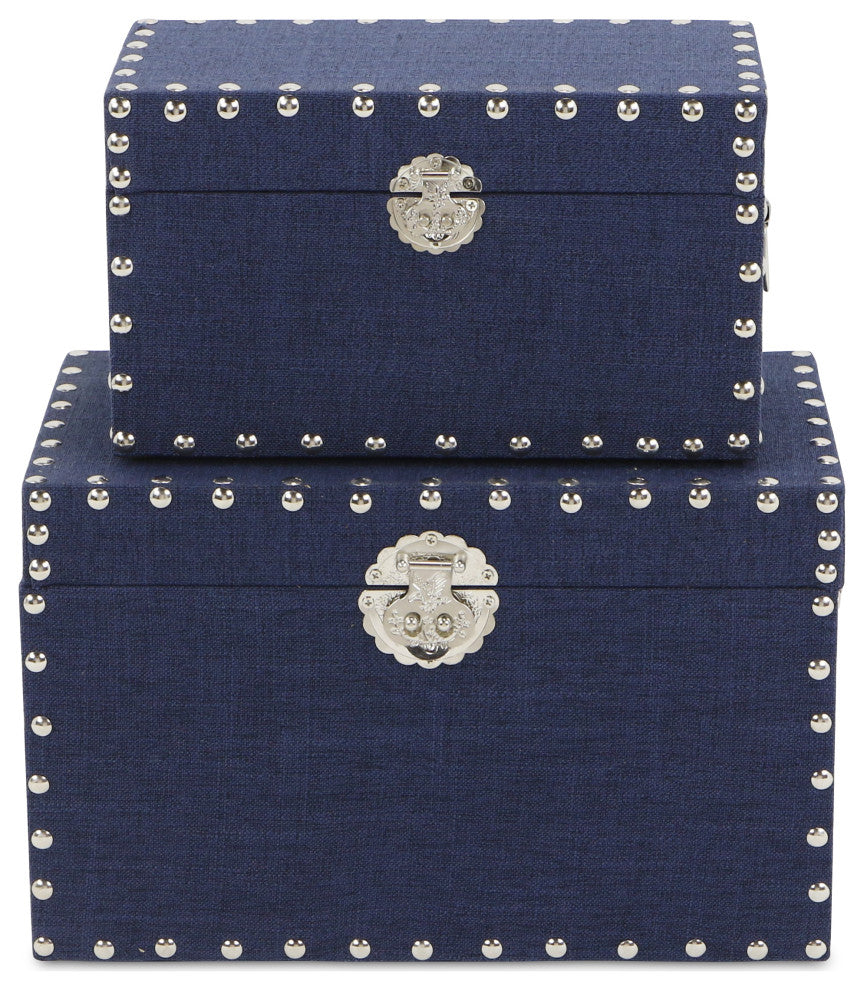 Linen Studded Boxes, Navy, Set of 2