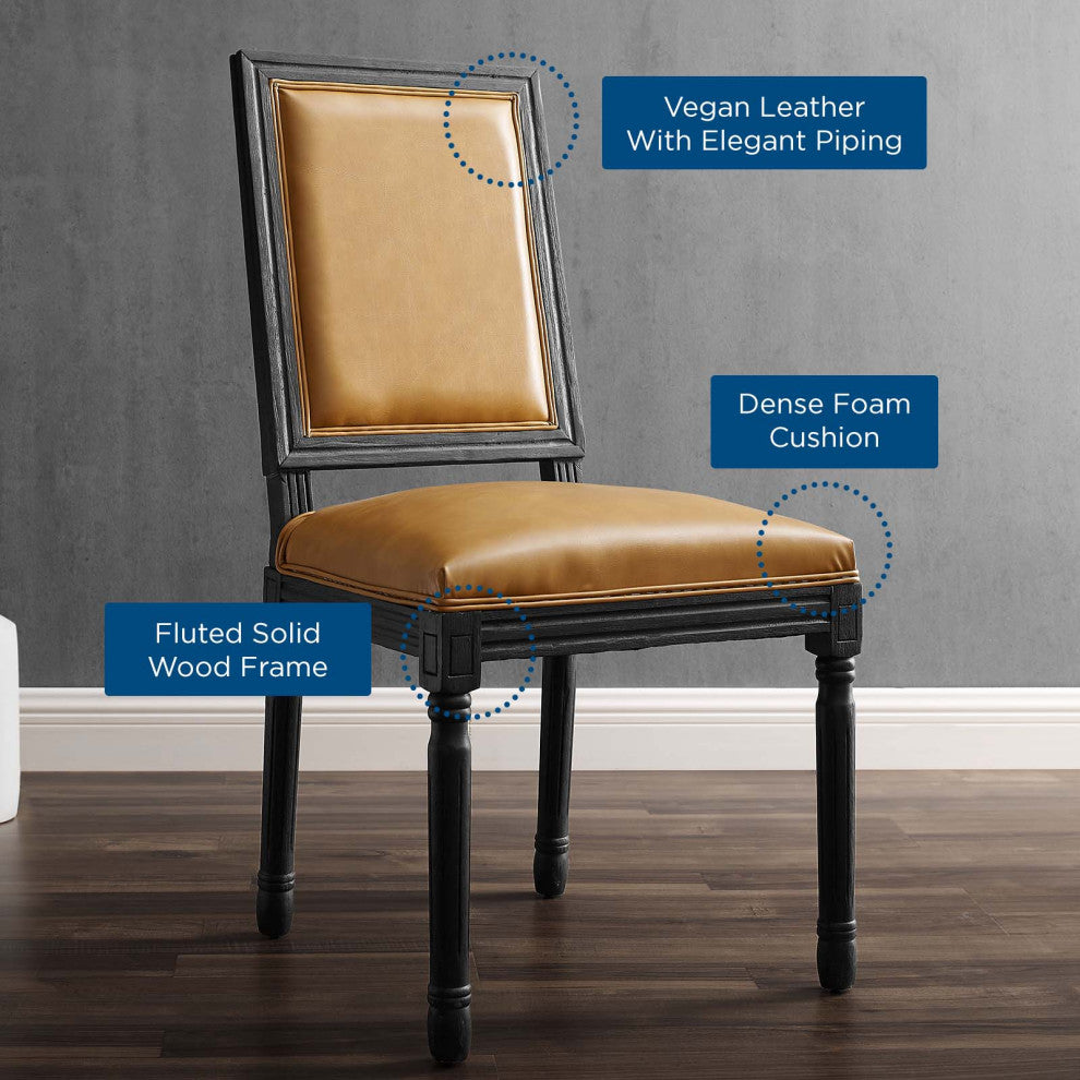 French Vintage Side Dining Chair, Faux Vegan Leather, Wood, Black Tan, Modern
