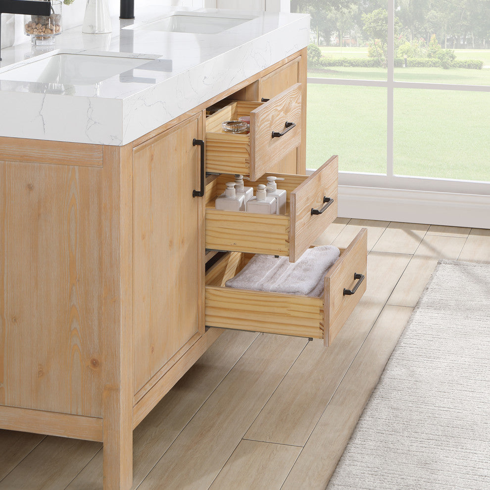 Leon Bath Vanity With Composite Stone Top, Fir Wood Brown, 60" Double Sink, No Mirror