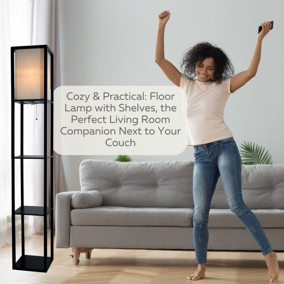 Floor Lamp with Shelves 63" Tall Wood with White Linen Shade