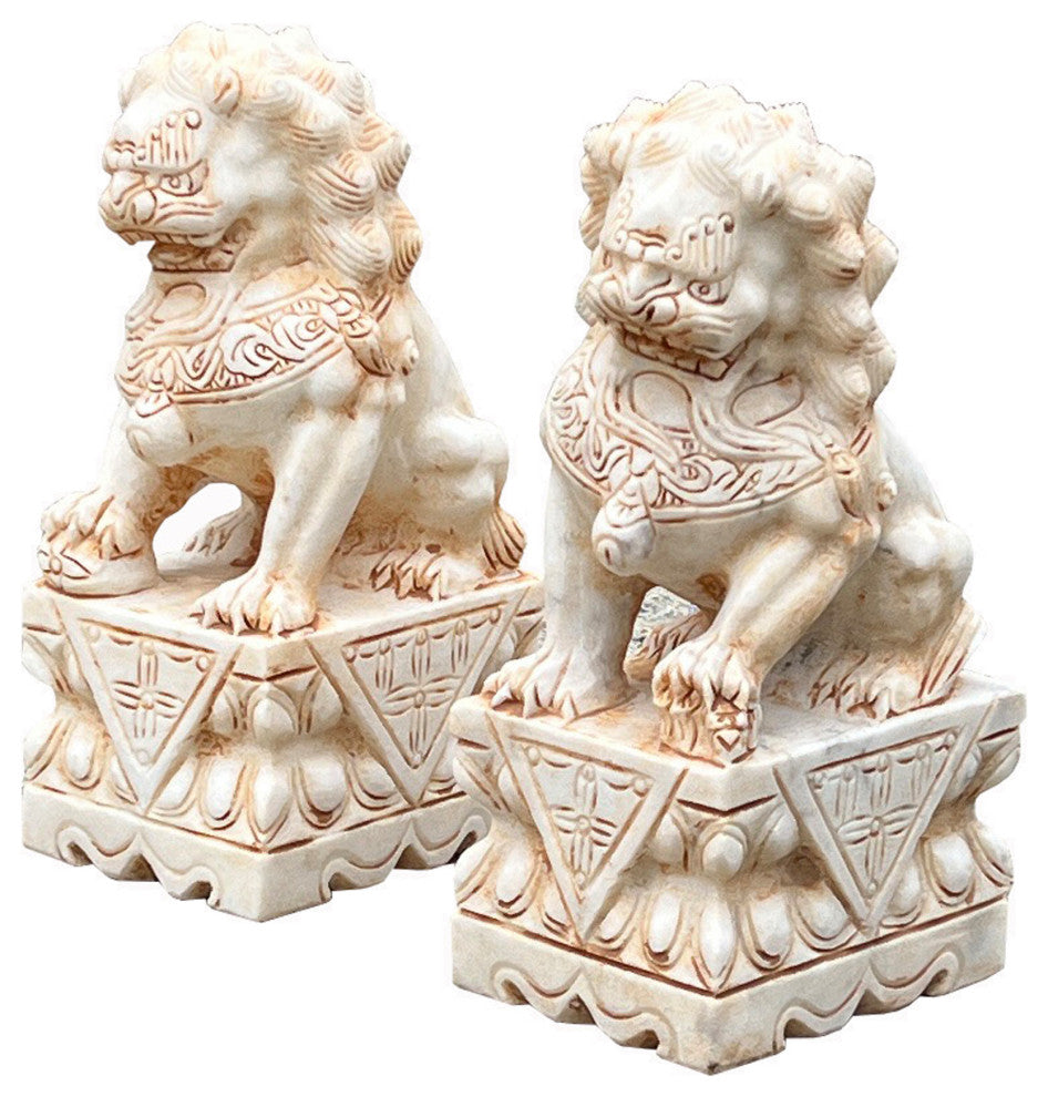 Chinese Small Pair Cream White Marble Stone Fengshui Foo Dogs Statues Hws3068