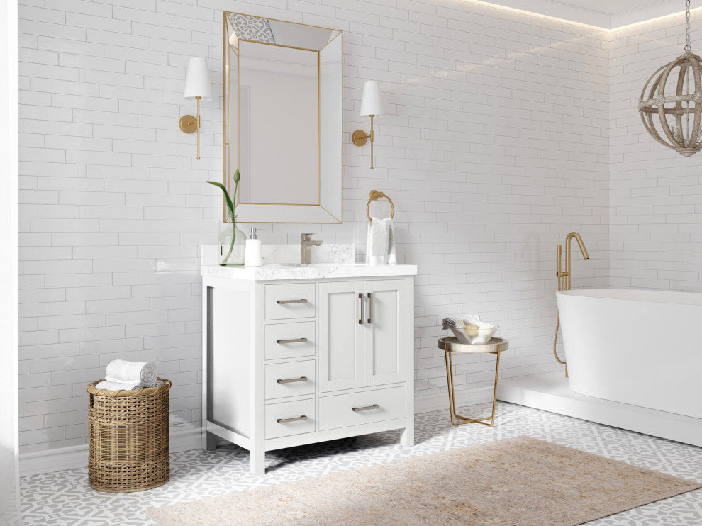 Malibu 36 Right Offset Bath Vanity in White  2" Calacatta Laza
