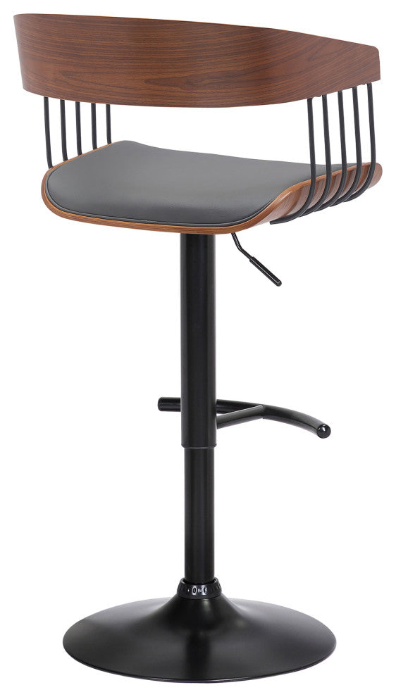 Larisa Adjustable Walnut Wood Bar Stool, Gray Faux Leather With Black Metal