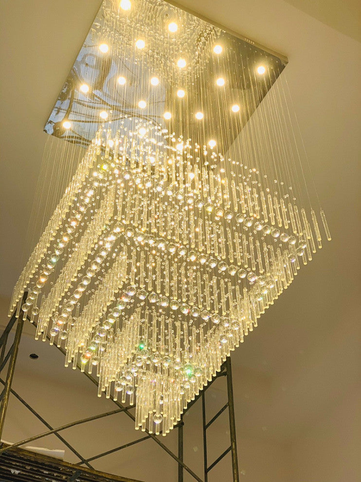 Tourrette-Levens | Modern Crystal LED Ceiling Chandelier with Square Base, 9 Lights, Cool Light
