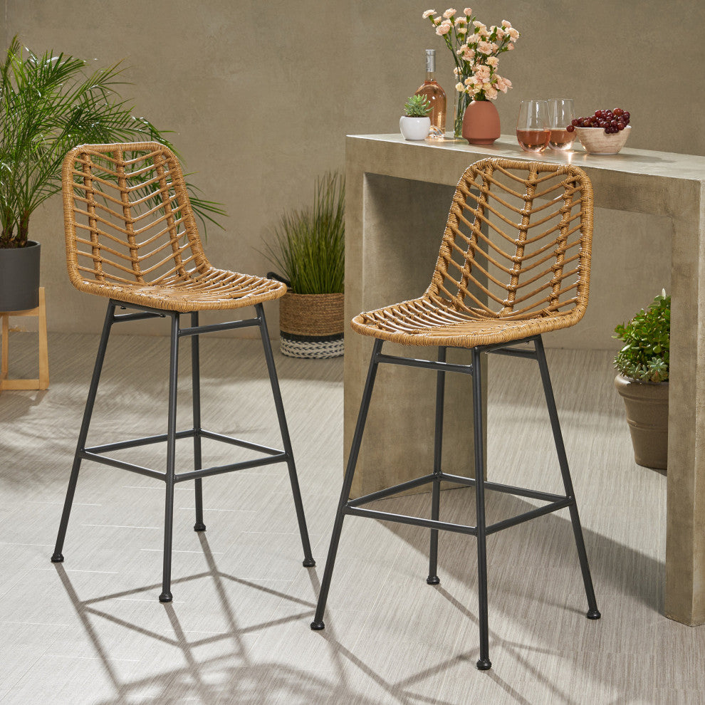 Jessie Outdoor Wicker Barstools, Set of 2, Brown