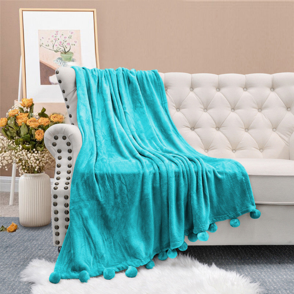 Pom Pom Flannel Fleece Throw Blanket, Baltic Blue, 50" X 60"