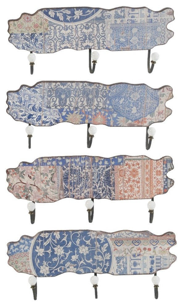 Benzara BM180911 MDF and Metal Wall Decor With 3 Hooks, Multicolor, Set of 4