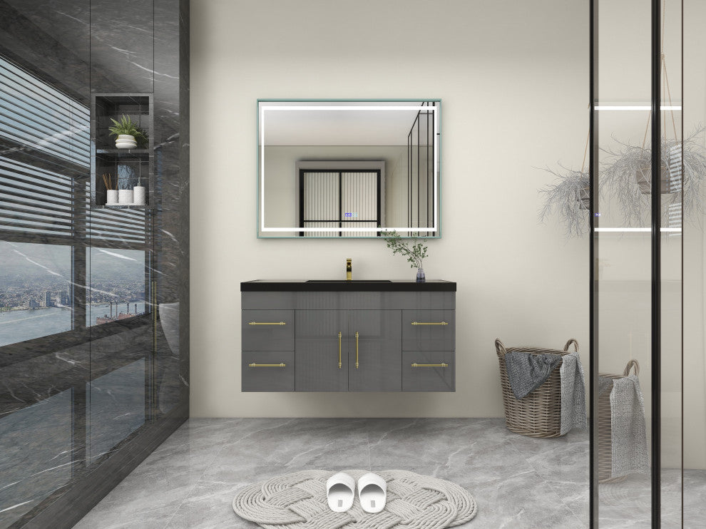 Rosa 48" Wall Mounted Modern Vanity, High Gloss Gray, Matt Black Top