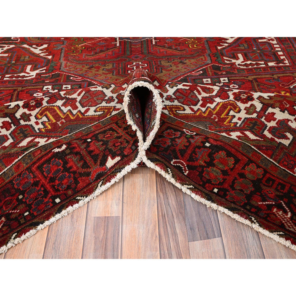 Imperial Red Semi Antique Persian Heriz Worn Wool Hand Knotted Rug 8'2"x11'3"