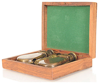 Brass Folding Pocket Binocular In Wood Storage Box
