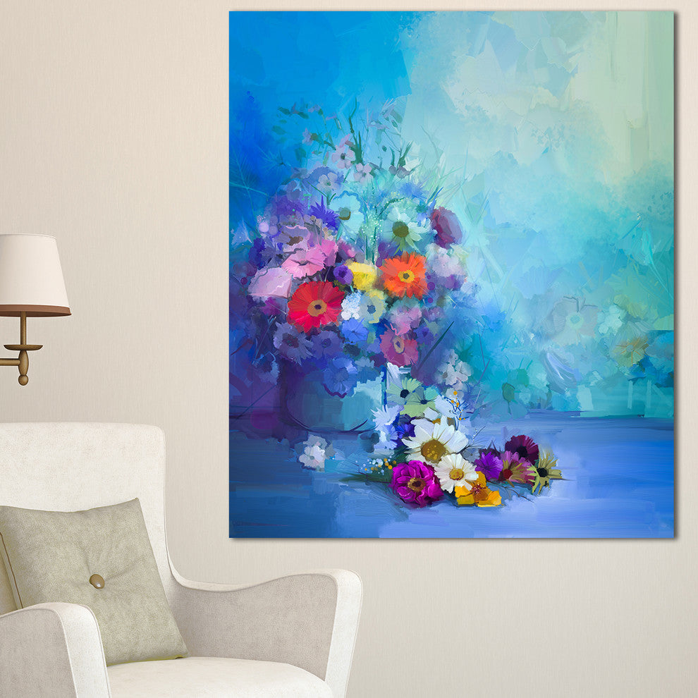 Little Flowers on Blue Background, Large Floral Canvas Artwork, 30"x40"