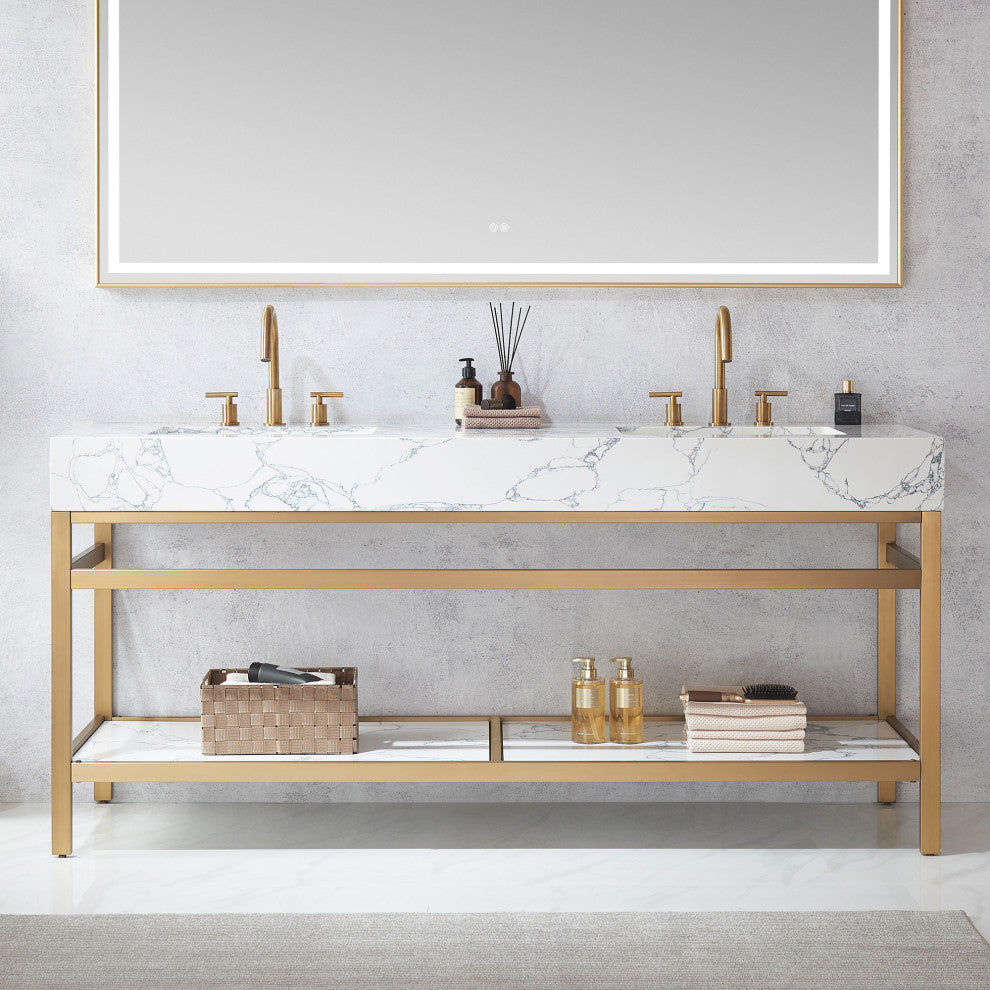 Ecija Bath Vanity, Metal Support with Stone Top, Brushed Gold, 72 in., With Mirror