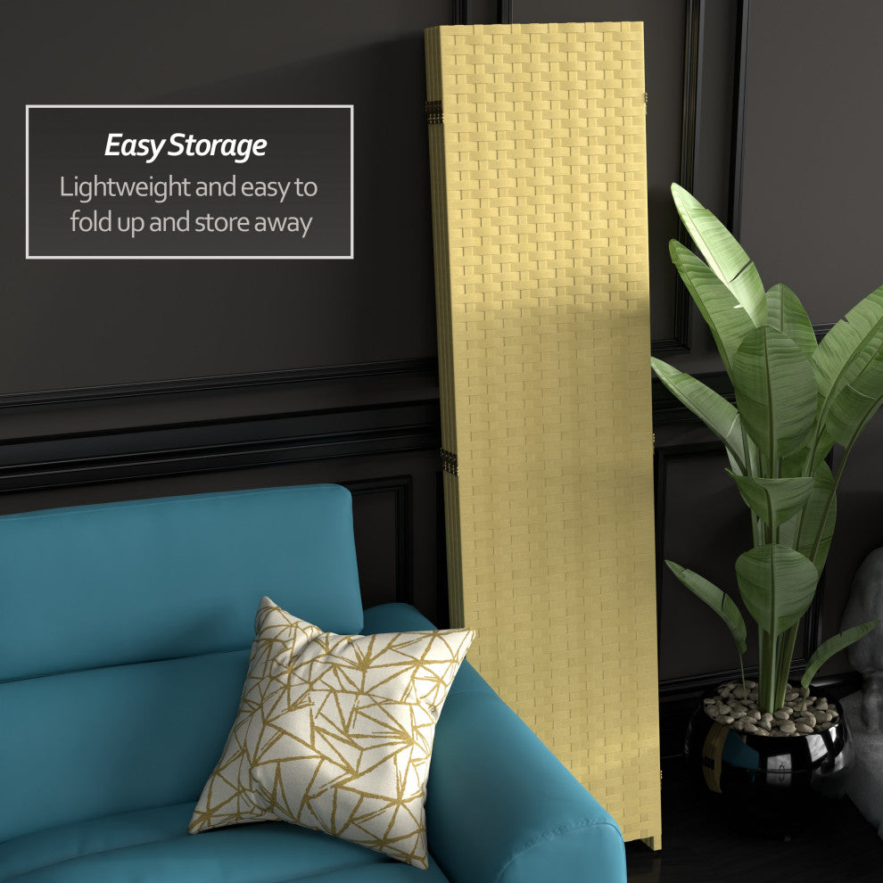 6' Tall Woven Fiber Room Divider, 4 Panel, Dark Beige