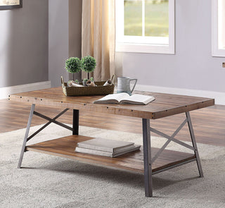 Wood Coffee Table With a Shelf, Weathered Oak and Sandy Black